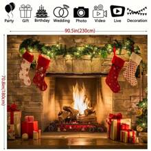 圣诞壁炉背景横幅挂布用于周年纪念、通用入口房间、多用途节日、冬季假期、派对背景布、圣诞节 - 彩色 - 查看 3