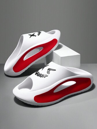 2024 男士高品质笑脸印花黑白休闲厚底拖鞋，简约风格舒适室内鞋，EVA防滑露趾静音日常淋浴浴室拖鞋，情侣款