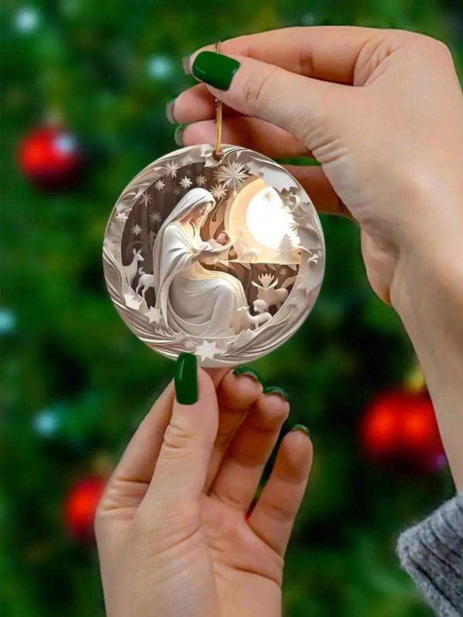 1pc 2D Single-Sided Acrylic Round Nativity Scene Pendant, Christmas Tree Decoration Home Decor Gift, Flat Acrylic Hanging Ornament, Suitable For Car Rearview Mirror, Perfect For Family And Friends, Daily And Family Gatherings - Beige - View 1