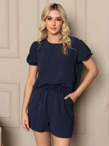 Women's Set Duna Blouse And Shorts Plain Elegant Summer - Màu xanh hải quân - Xem 1