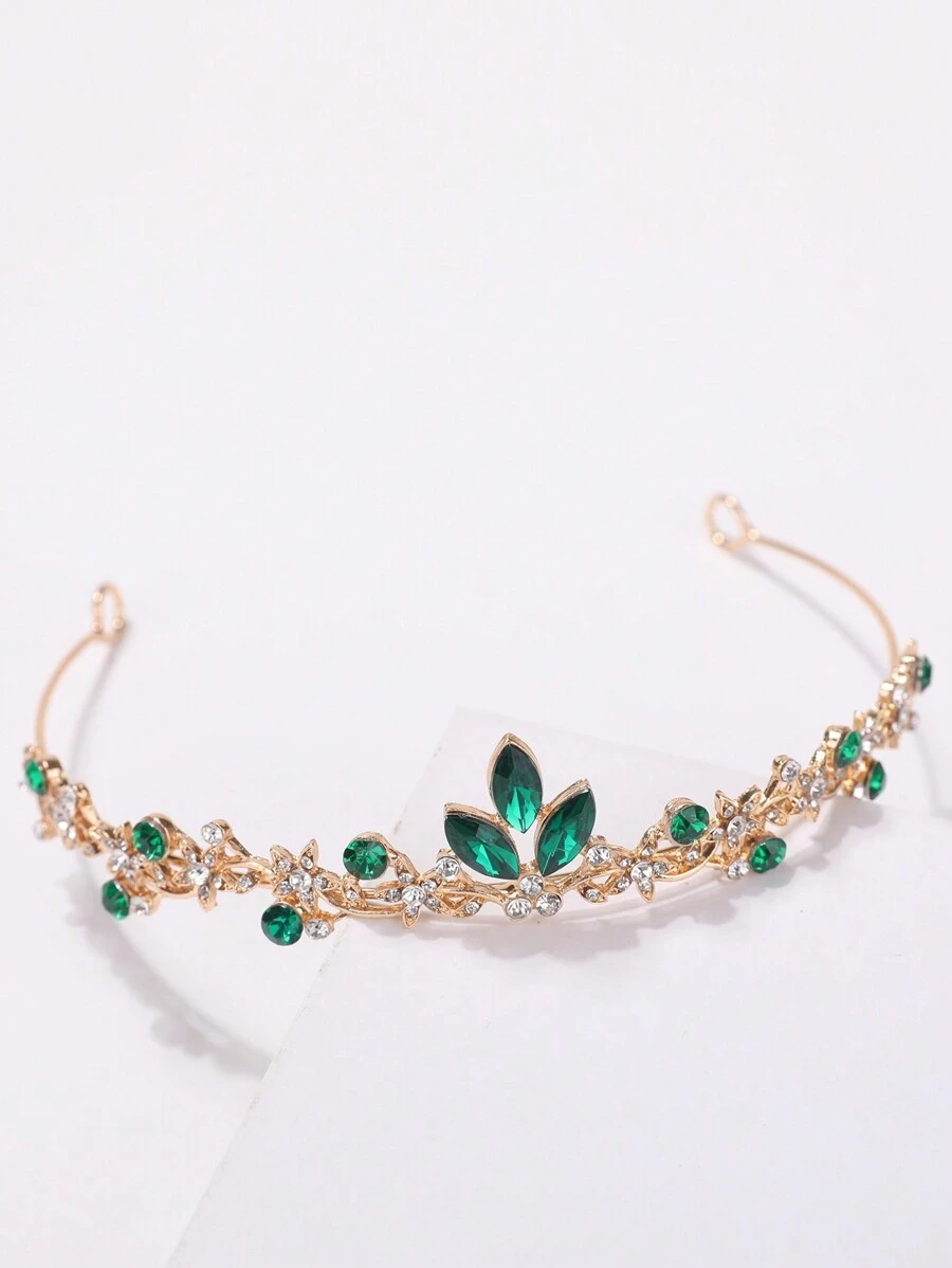 1pc Luxury Rhinestone Princess Crown Headband For Girls - Green - View 1
