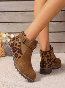 2025 年秋冬完美搭配毛衣裙，女士棕色撞色豹纹英伦风休闲松紧腰平底短靴，秋季鞋 - 棕色 - 查看 4