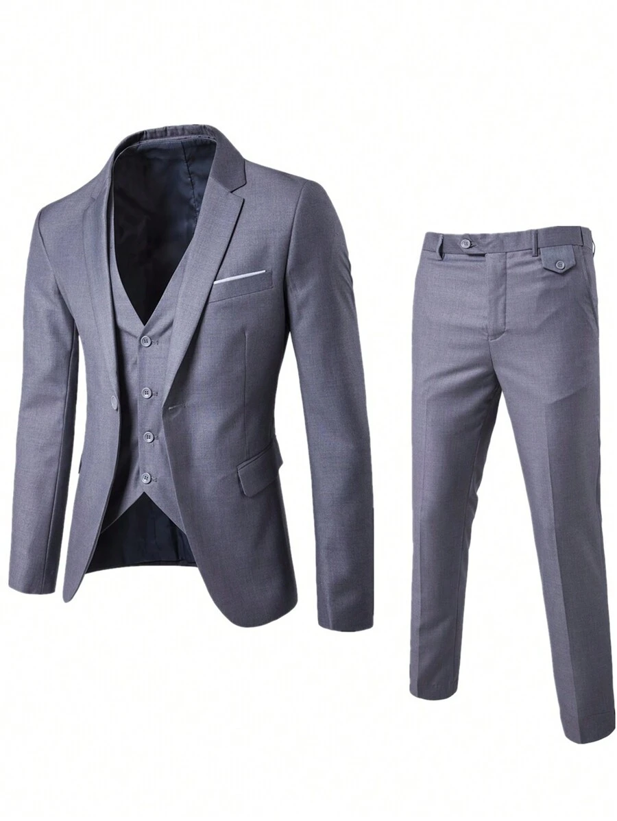 3 pièces Ensemble de costume unicolore pour hommes, formel, d'affaires et de mariage USXF001-3JT - Gris pâle - Voir 1
