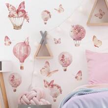 1 Set de Pegatinas de Pared con Mariposas Rosas, Calcomanías de Pared para Habitación de Bebé Niña, Flores, Globo Aerostático, Decoraciones Cálidas y Dulces para Habitación de Bebé, Decoraciones de Pared para Dormitorio de Niños, Decoraciones Desprendibles y Adhesivas para Baby Shower y Regalos Familiares - Multicolor - Ver 3