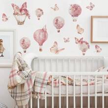 1 Set de Pegatinas de Pared con Mariposas Rosas, Calcomanías de Pared para Habitación de Bebé Niña, Flores, Globo Aerostático, Decoraciones Cálidas y Dulces para Habitación de Bebé, Decoraciones de Pared para Dormitorio de Niños, Decoraciones Desprendibles y Adhesivas para Baby Shower y Regalos Familiares - Multicolor - Ver 4