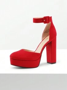 Women's High Chunky Heels Pumps Elegant Solid Color Platform Ankle Strap Dress Round Closed Toe Wedding Party  Fashionable Comfortable Shoes - Red - View 4