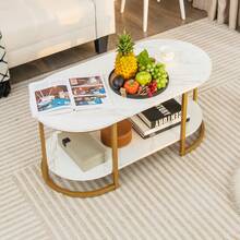 Modern Faux Marble Coffee Table 2-Tier Rectangular Chic Cocktail Accent Table With Gold Finished Metal Frame For Living Room, Bedroom - Gold - View 4