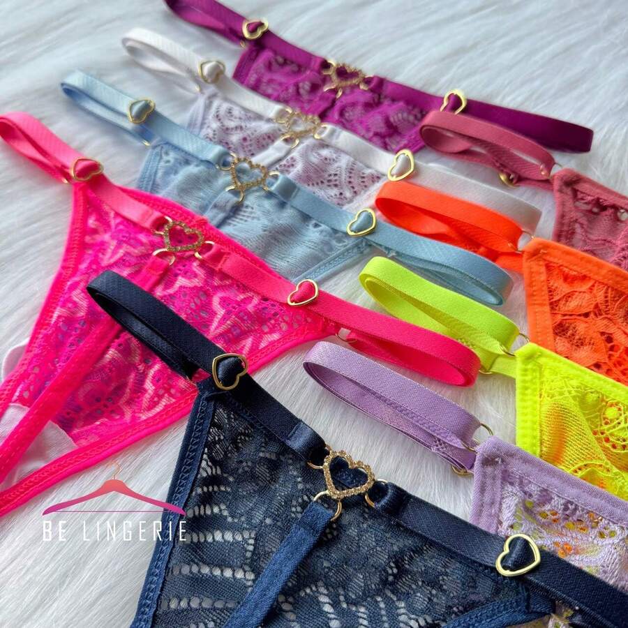 Kit 10 Sexy Thong Panties With Rhinestone Heart Pendant Sensual Adjustment Thong - 彩色 - 查看 1