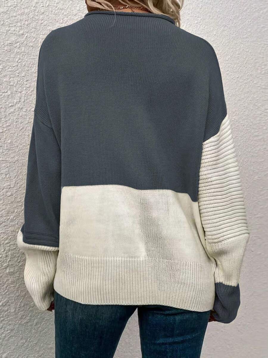 Suéter feminino com decote redondo e ombros caídos, manga comprida, bloco de cores, outono/inverno - Cinza escuro - Ver 1