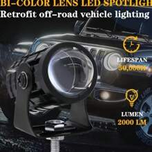 Heyword 2pcs White + Yellow Motorcycle LED Headlight Mini Driving Lamp Fog Light 12V/24V Universal Dual-Color Projector Lens With Switch, Fit For ATV Scooter Auxiliary Spotlight Motorcycle Accessories