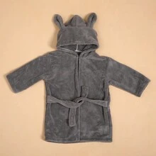 1 chiếc áo choàng tắm bằng vải lông cừu san hô cho trẻ em từ 0-2 tuổi, đồ ngủ mềm mại họa tiết hoạt hình, đồ mặc nhà ấm áp thoáng khí có túi - Xám - Xem 3