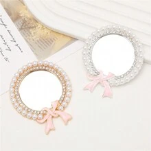 1pc Mobile Phone Makeup Mirror Stand Women's Faux Pearl Rhinestone Mirror Ins Women's Creative Ring Buckle Mobile Phone Back Stick Support/Bow Mirror Mobile Phone Stand Ins Niche Wind Retractable And Rotatable Back Stick Mobile Phone Stand Compatible With IPhone, Android Phone, Gift For Birthday, Family, Friends Push-Pull Phone Grip, Phone Holder, Phone Accessories