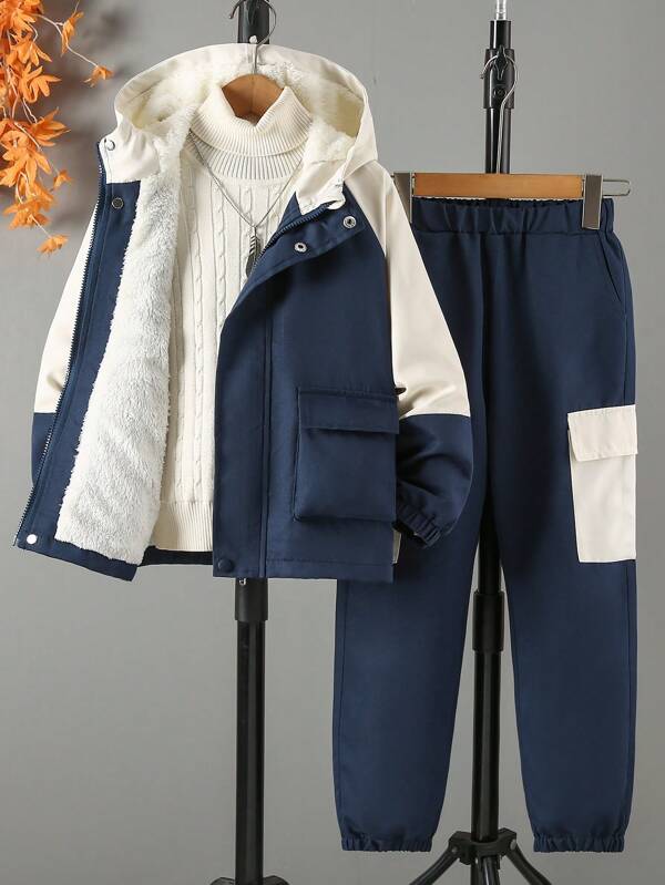 Set de 2 piezas Chaqueta de manga larga con paneles de contraste y pantalones cargo informales para niños preadolescentes