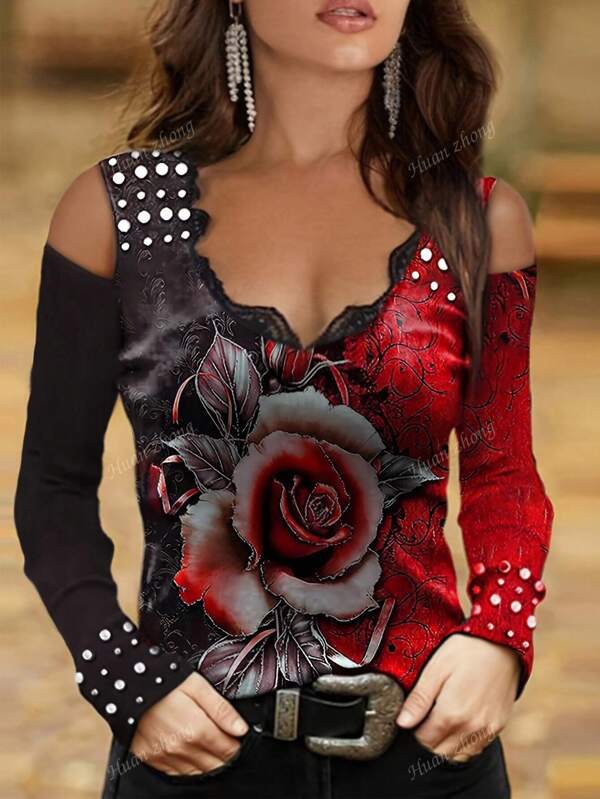 New V-Neck Lace Trim Floral Print Open Shoulder Long Sleeve T-Shirt Tops For Women