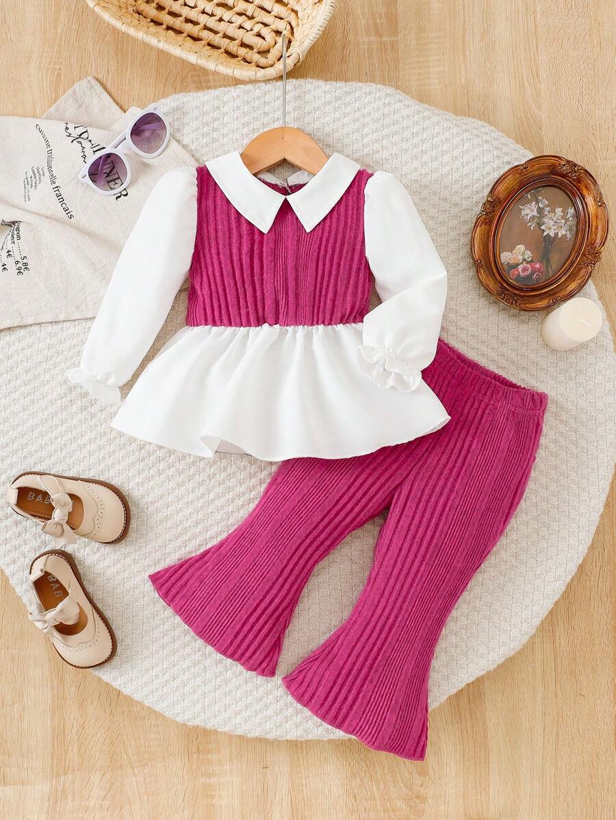 2pcs/Set Baby Girl Casual Shirt Top And Flared Pants Set - Hot Pink - View 1