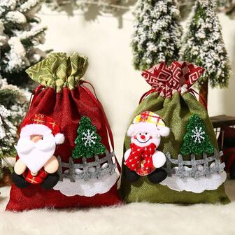 1pc/2pcs Christmas Drawstring Gift Bags Cartoon Linen Non-Woven Fabric Sack Xmas Gift Party Favor Bags