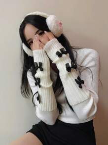 1 双时尚 Y2k 蝴蝶结露指手套臂部保暖手套，Jk 针织露指手套万圣节防寒手套情人节 - 彩色 - 查看 4