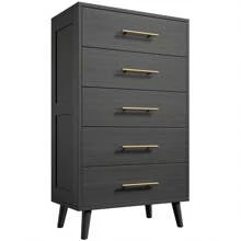 5 Drawer Storage Cabinet, Tall Chest Of Drawers, Christmas And New Year Gift Vertical Storage Cabinet, Dressing Table  With Metal Handles, Wood Storage Organizer Dresser Nursery Dresser - 黑色 - 查看 4