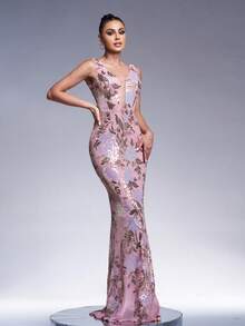 Women's Sequin Embroidered Mermaid Maxi Party Dress - Baby Pink - View 7