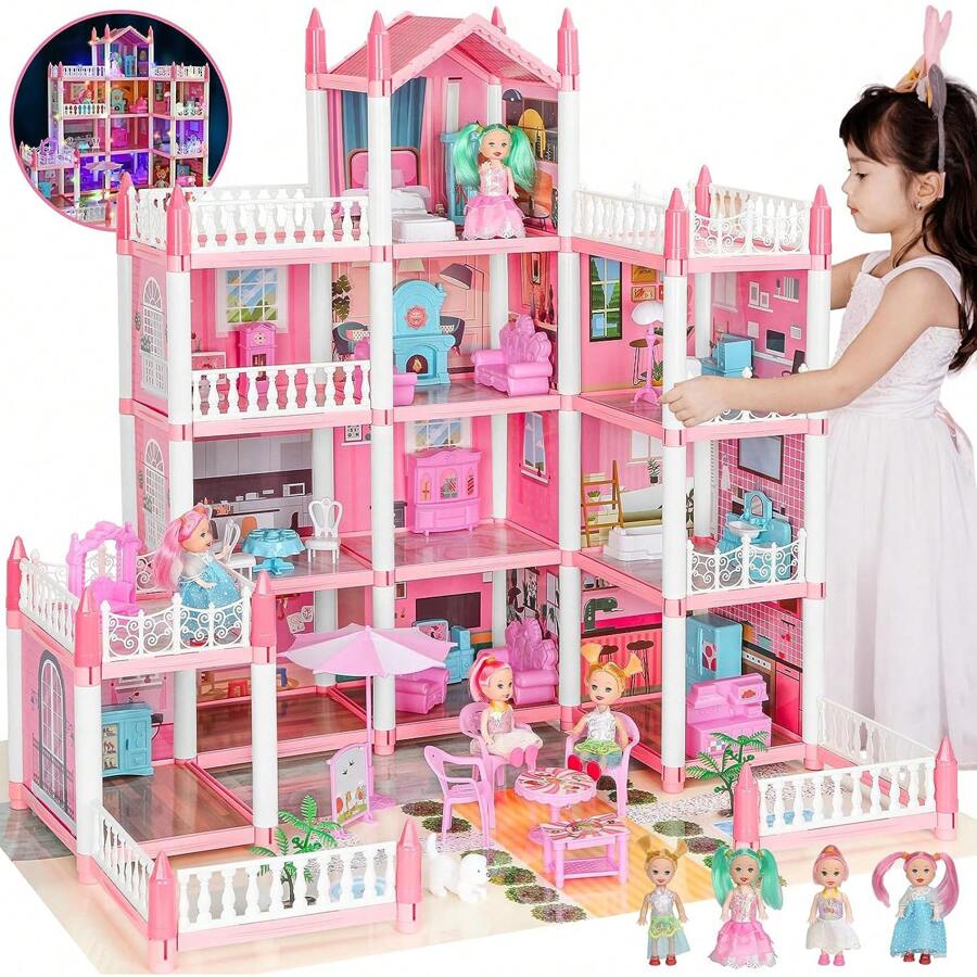 娃娃屋，女孩角色扮演 DIY 娃娃屋套装 - 4 层 14 个房间的玩具屋，配有 4 个娃娃玩具公仔、家具和配件套装，适合 3 4 5 6 7 8 岁以上儿童的礼物玩具（配件颜色随机）