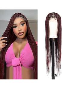 Peluca de trenzas de caja sin nudos de 36 pulgadas con encaje triangular doble para mujeres. Peluca con trenzas de caja de encaje frontal completo con cabello bebé, apariencia natural de trenzas de maíz sintéticas