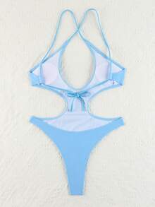 Women's Summer Beach Nylon Solid Color Spaghetti Strap Backless One-Piece Swimsuit - Baby Blue - View 4