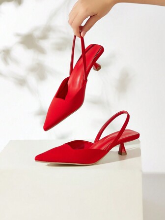 Women's Solid Color Kitten Heel Shoes, Elegant Pointed Toe High Heels, Ankle Strap High Heels