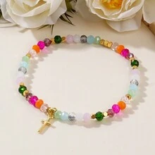 1 件女士串珠手链波西米亚复古风格铁石彩色水晶铜十字框镀 18K 金弹性串珠手链配精美卡片复活节礼物适合送朋友送家人送女朋友 - 彩色 - 查看 3