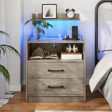 LED Nightstand With Charging Station, Night Stand With 2 Drawers And Open Storage, Bedside Table With LED Lights, Modern End Table With USB Ports Outlets - 灰色 - 查看 1