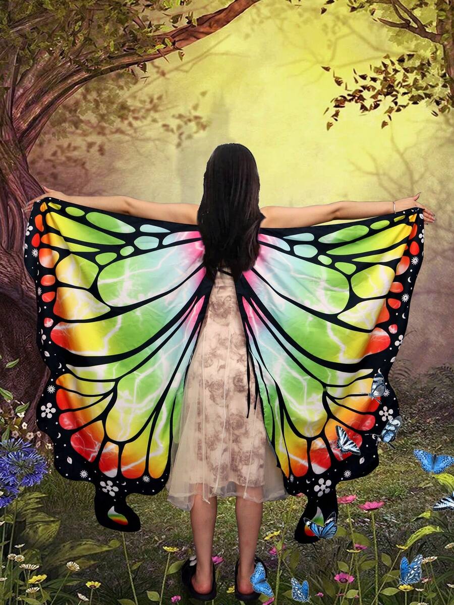 Khăn choàng chiffon Fairy Butterfly, áo choàng dệt kim nhiều màu in kỹ thuật số cho kịch, biểu diễn khiêu vũ, du lịch, chụp ảnh Halloween - A - Xem 1