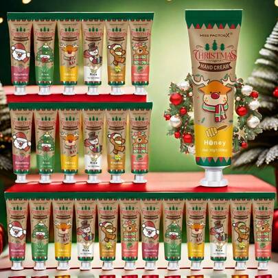 MISS FACTORX Set de 24 piezas de crema de manos para regalo de Navidad, de textura cremosa, hidratante y nutritiva, suaviza la piel, apto para piel seca, regalo para fiesta navideña, regalo para mujeres