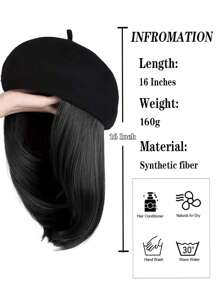 16英寸合成直发短波波头假发，配贝雷帽，经典法式时尚帽，女士冬季保暖假发，圣诞礼物 - 黑色 - 查看 2