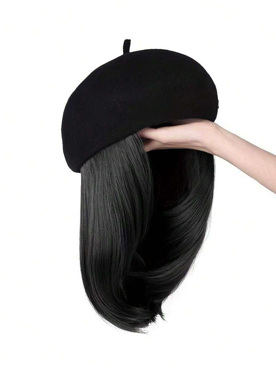 16英寸合成直发短波波头假发，配贝雷帽，经典法式时尚帽，女士冬季保暖假发，圣诞礼物 - 黑色 - 查看 1