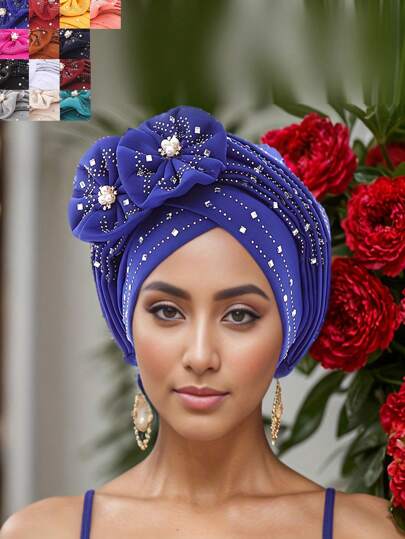 1 件优雅多层 Gele 头巾，带水钻装饰花卉图案，适合正式活动