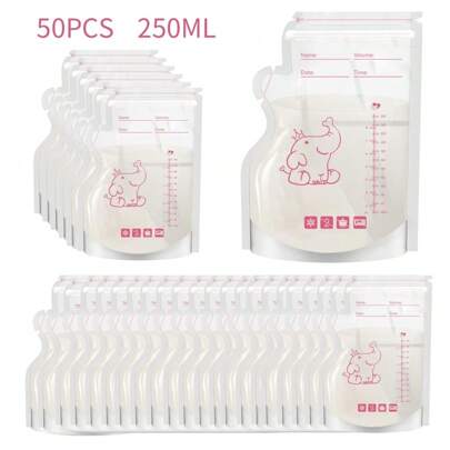50pcs 8oz Cute Elephant Milk Storage Bags, 250ml Sealed Breast Milk Storage Bags With Double-Ply Seal And Stand-Up Bottom