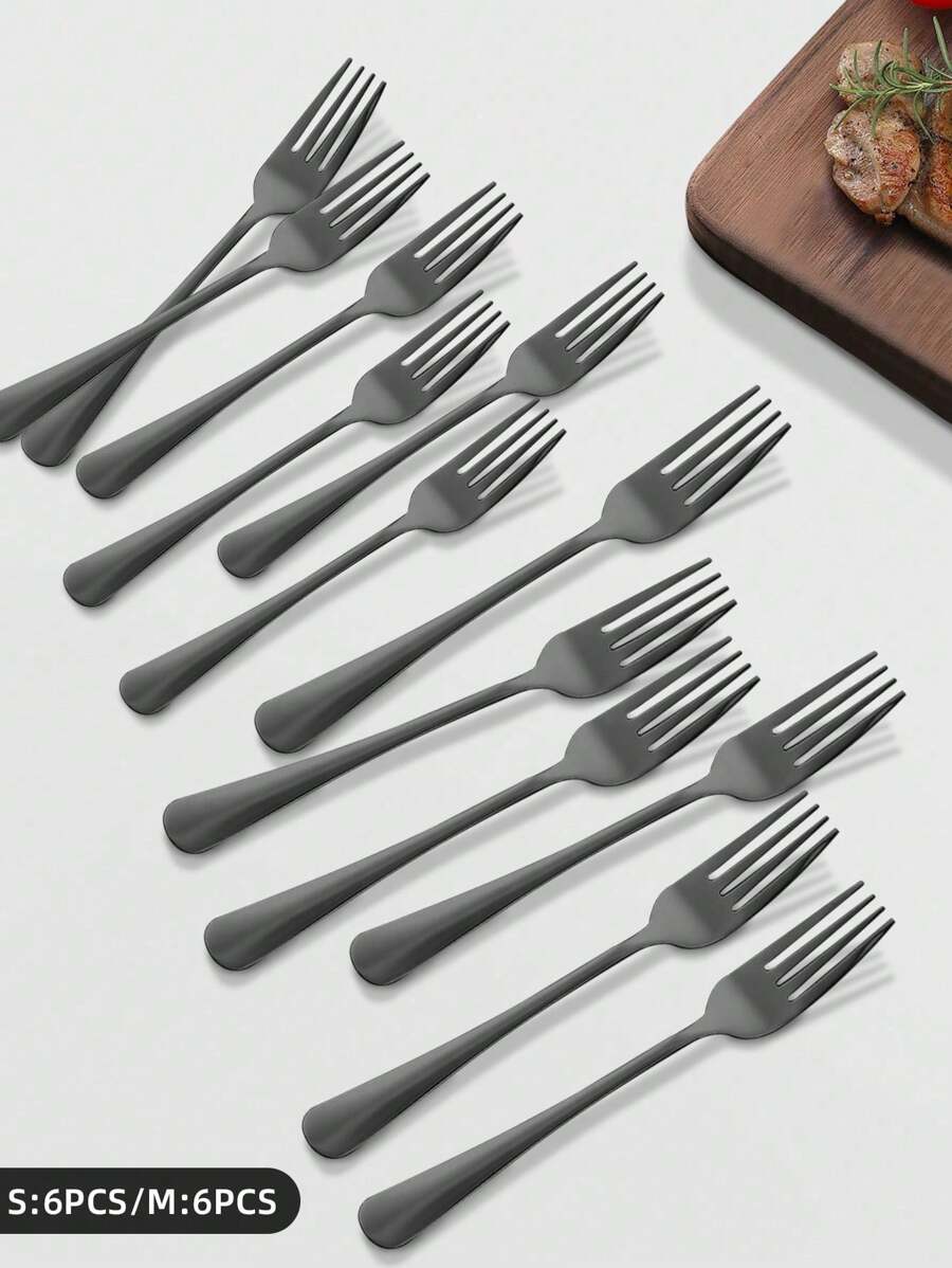 6pcs Black Stainless Steel Forks - Suited For Home And Western-Style Restaurants (Fruit Fork, Steak Fork)Christmas Gift,School Supplies - 1010 Fork Set - View 1