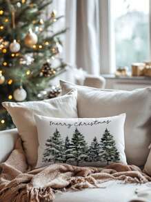 1 件雪景松树图案抱枕套，现代布艺毛绒印花靠垫套，适用于沙发客厅装饰，无枕芯圣诞节圣诞装饰圣诞装饰品圣诞装饰 - 彩色 - 查看 6
