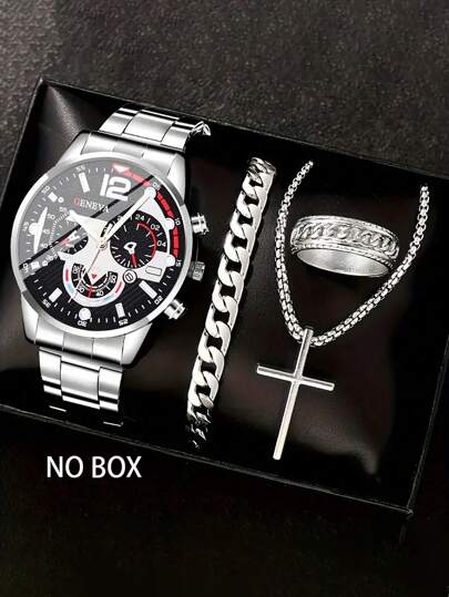 Bộ 4 chiếc/Bộ mặt dây chuyền, nhẫn, vòng tay thạch anh lịch tròn bằng bạc tối giản, quà tặng cho anh ấy