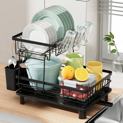 2-Tier Kitchen Dish Drying Rack, Cutlery Holder For Countertop, Large Capacity Space Saving, Kitchen Accessory