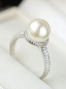 Women's S925 Sterling Silver Classic White Pearl Ring, Elegant Romantic Micro-Set Round Jewelry For Proposal & Wedding