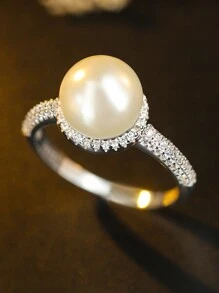 Women's S925 Sterling Silver Classic White Pearl Ring, Elegant Romantic Micro-Set Round Jewelry For Proposal & Wedding