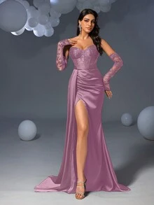 Faeriesty 优雅露肩紧身胸衣晚礼服，高开衩，配有可拆卸歌剧手套——迷人的轮廓，不对称的侧垂设计，适合红毯盛典、正式婚礼、奢华周年纪念派对和正式慈善活动 - 淡紫色 - 查看 7