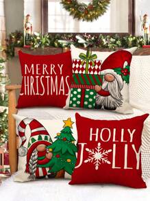 1 件/4 件，冬季红色雪人与圣诞老人字母印花亚麻抱枕套，18*18 英寸/45 X 45 厘米装饰枕套，无枕芯