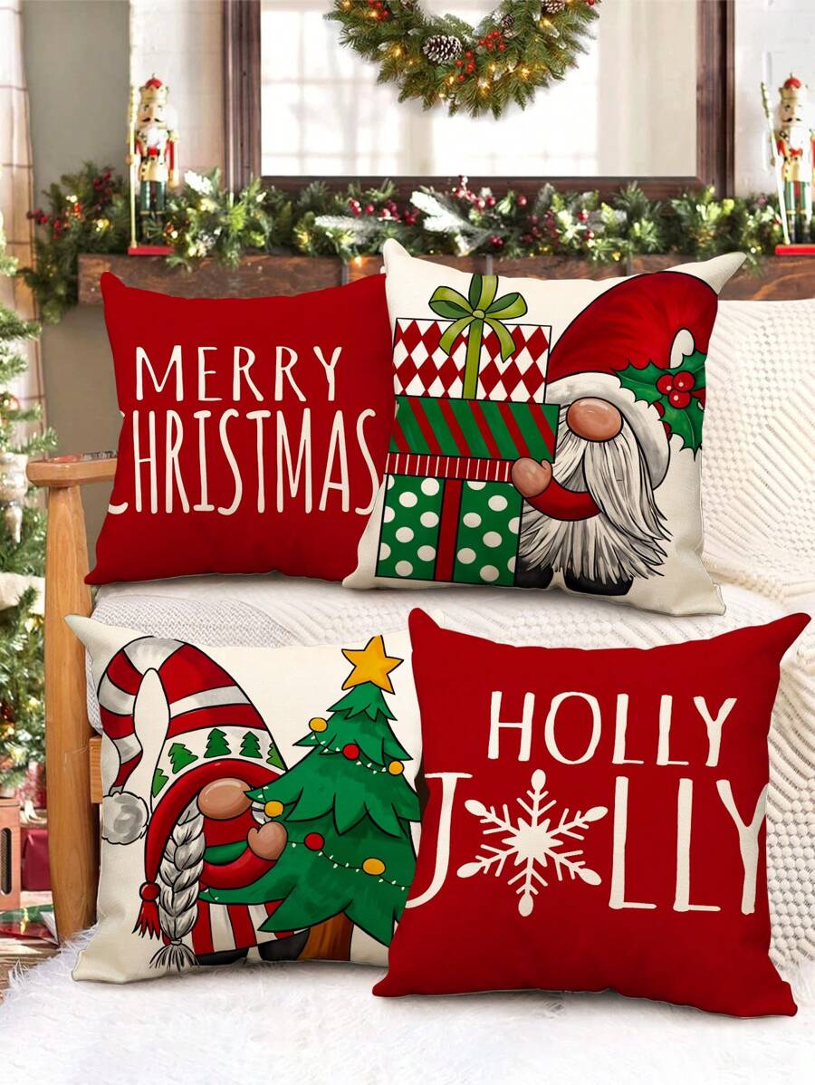 1 件/4 件，冬季红色雪人与圣诞老人字母印花亚麻抱枕套，18*18 英寸/45 X 45 厘米装饰枕套，无枕芯