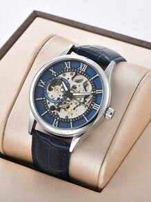 LONGLUX 1pc Hollow Automatic Mechanical Men's Waterproof Leather Strap Watch, Roman Numeral Calendar Dress Watch Gift - Blue - View 2