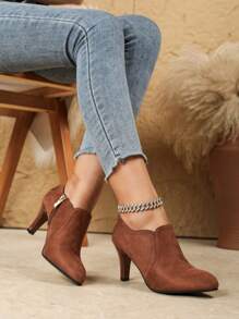 深 V 棕色绒面尖头高跟靴，舒适女士专业工作鞋，秋冬款 - 棕色 - 查看 11