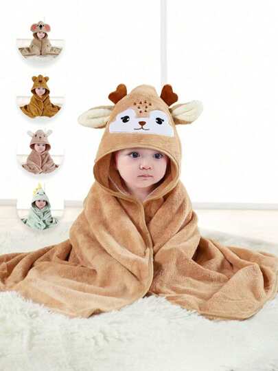 Coral Fleece Cute Cartoon Animal Baby Hooded Bath Towel, Soft & Absorbent Newborn Bathrobe Wrap, 1pc