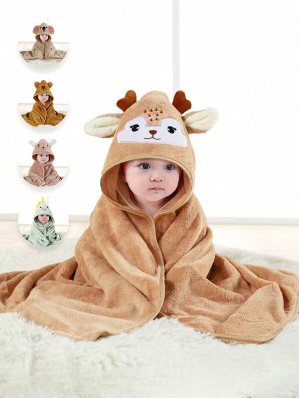 Coral Fleece Cute Cartoon Animal Baby Hooded Bath Towel, Soft & Absorbent Newborn Bathrobe Wrap, 1pc