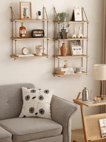 1pc No-Drill Hanging Rope Shelves Wooden Floating Wall Shelf Decor Rack For Living Room - Brown - View 3