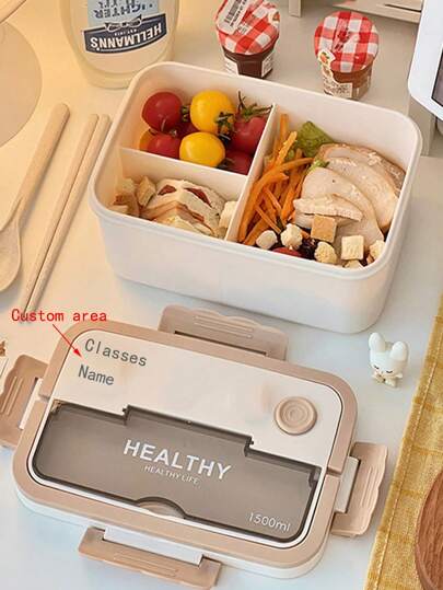 1pc Customized Text Logo Bento Box With Compartments, Microwave Friendly Lunch Box, Plastic Portable Food Container